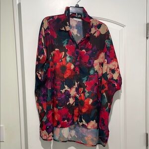 Pink and Red Long Sleeve Oversized Blouse with Notched Collar